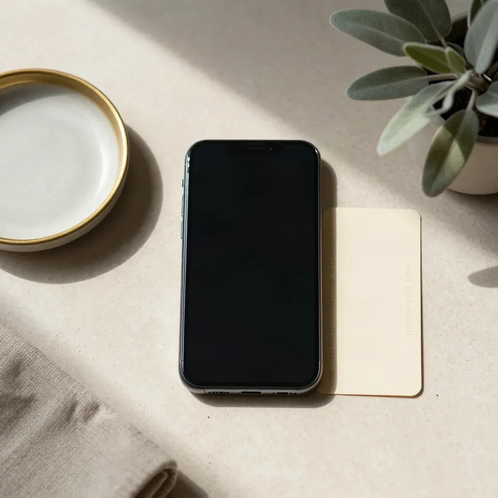 Overhead flat lay of a phone, voucher slip, dish, cloth and plant on stone.