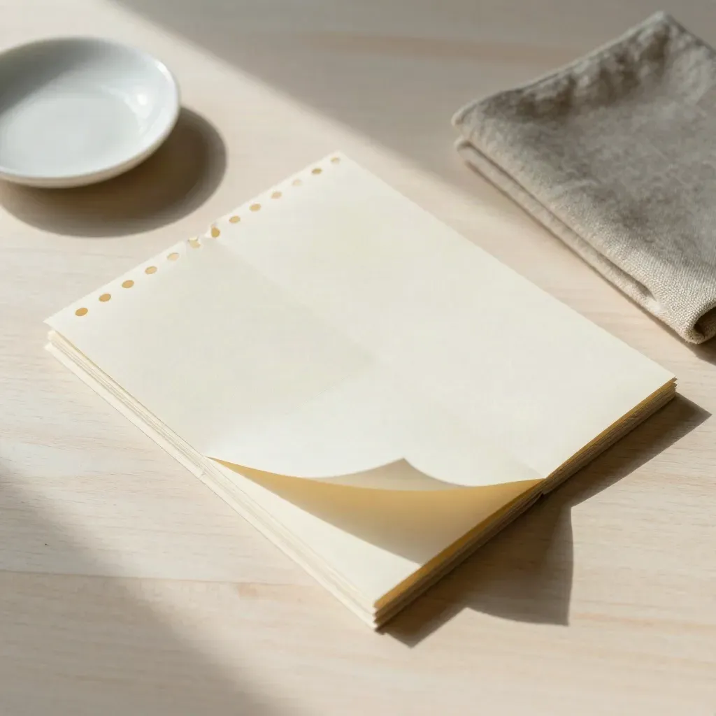 Overhead still-life of a coupon booklet, paper sleeve, ceramic dish, and linen cloth on pale wood