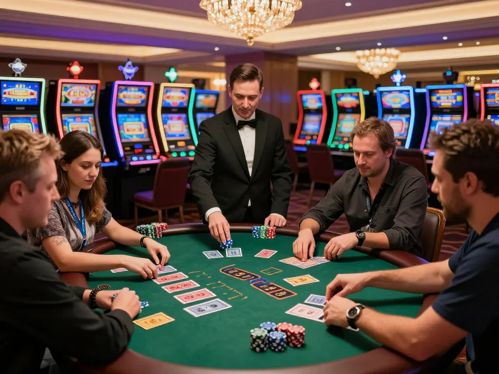 Players engaged in a thrilling game of blackjack at a vibrant casino table showcasing no hu.
