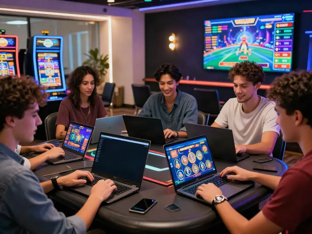 Excited friends playing at new non gamstop casinos with laptops and tablets in a vibrant gaming space.