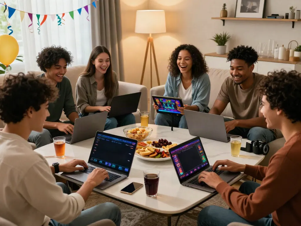Engaging scene of friends at home discovering new non gamstop casinos together.
