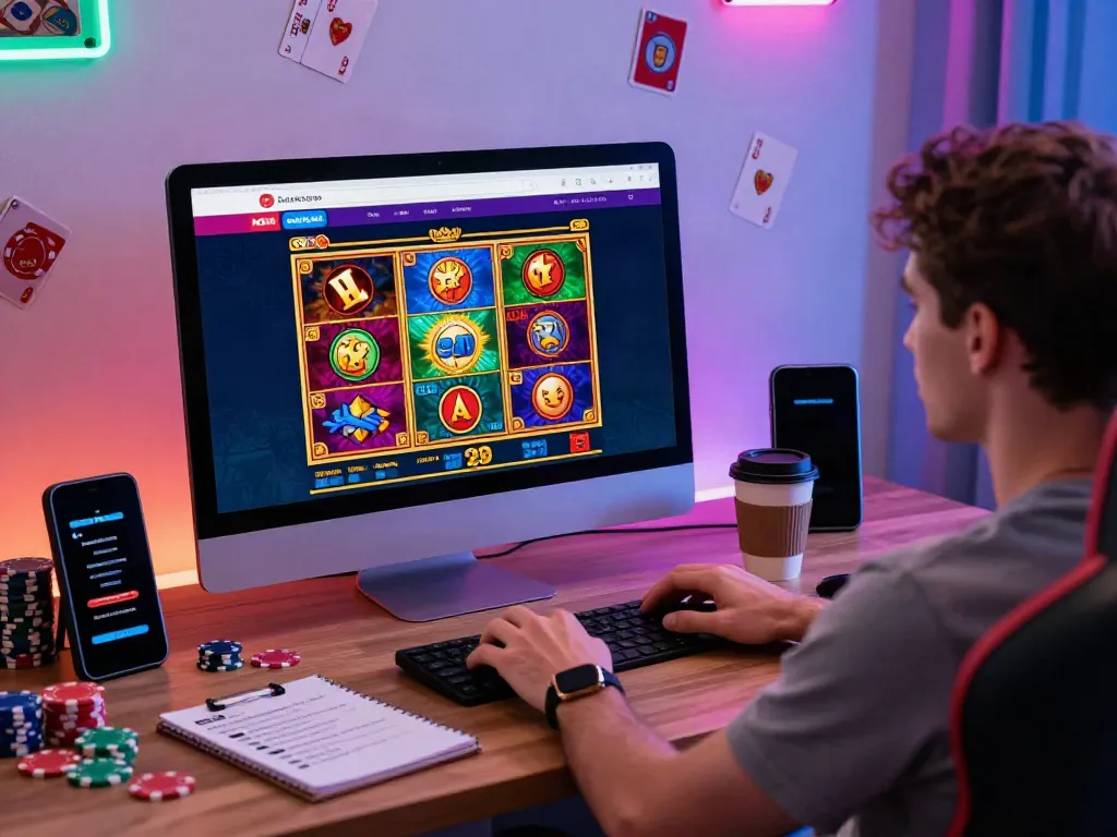Engaging scene of a player exploring new non Gamstop casinos with vibrant game visuals on screen.