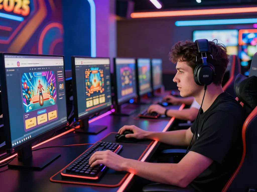 Engaged gamer exploring new non gamstop casinos on vibrant screens with colorful graphics and exciting game options.
