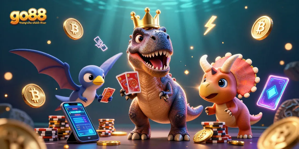 Capture the excitement of go88 trang chu chinh thuc with a fun T-Rex and friends playing cards.