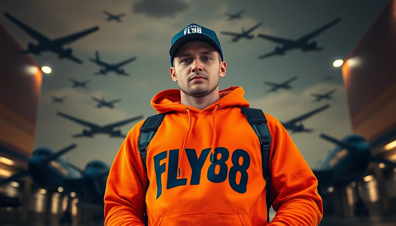 FLY88 stylish aviation-inspired apparel in an urban setting, showcasing modern fashion and adventure.