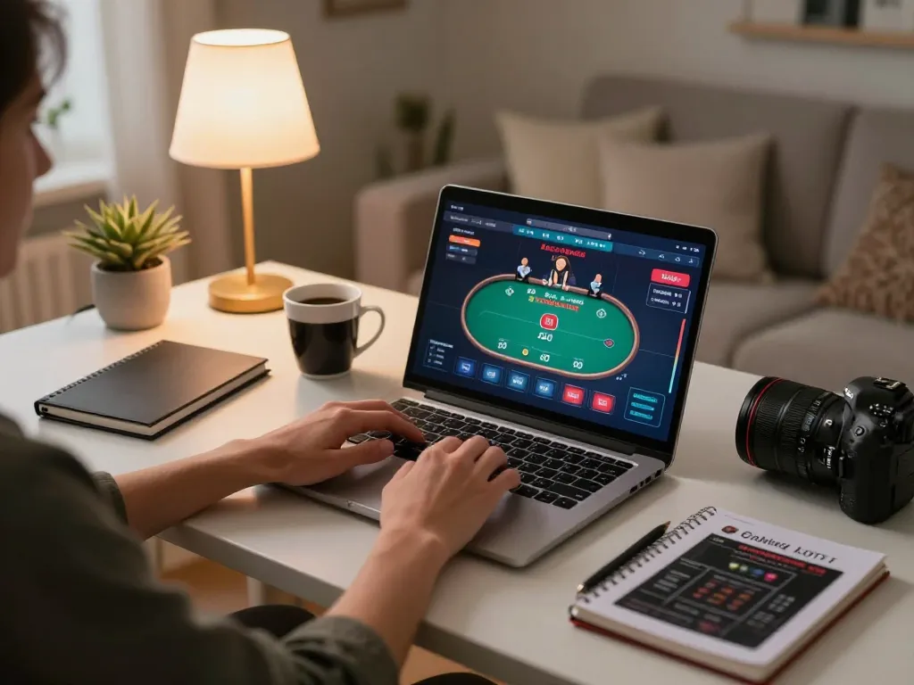 RR88 user engaged in online casino gaming on laptop, showcasing strategy notes and warm home setting.
