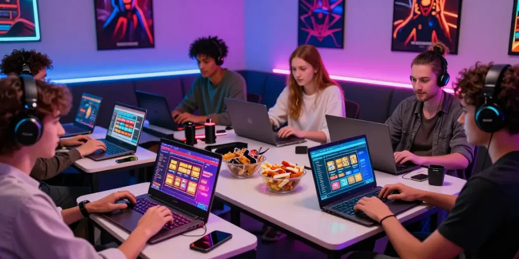 Friends playing games on laptops showcasing new non gamstop casinos in vibrant atmosphere.