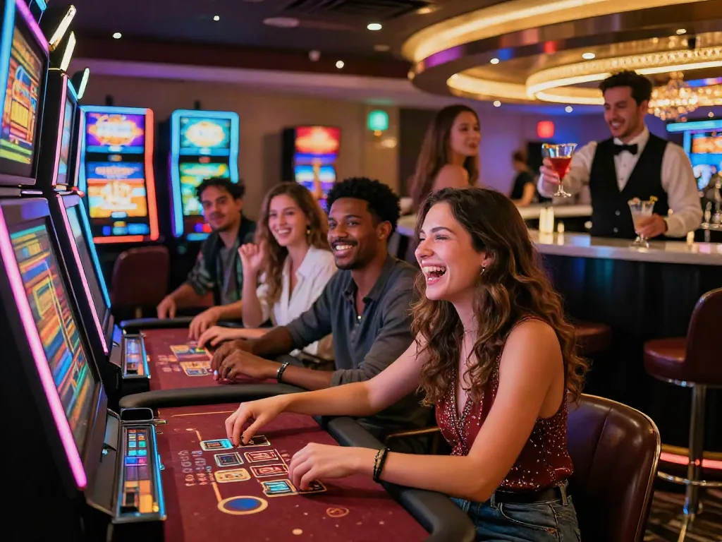 Friends enjoying gaming at new non gamstop casinos in a lively casino lounge.