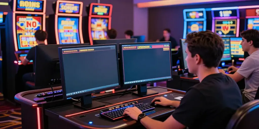 Excited player engaging with new non gamstop casinos interface on computer screen