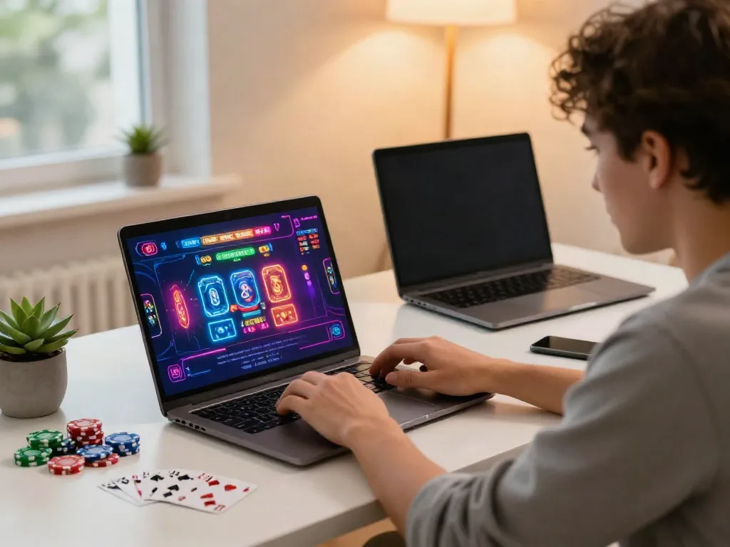 Engaging scene of a player enjoying new non Gamstop casinos on a laptop with vibrant game graphics.