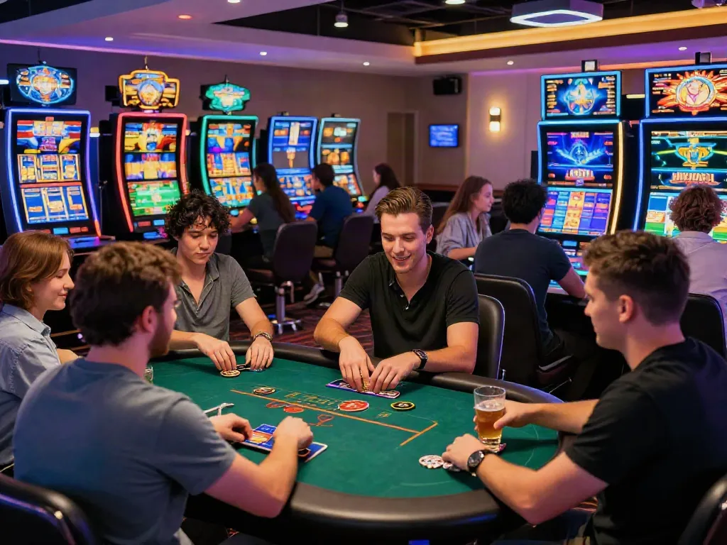 Enjoy thrilling games at new non gamstop casinos, players celebrating wins in a lively casino environment.