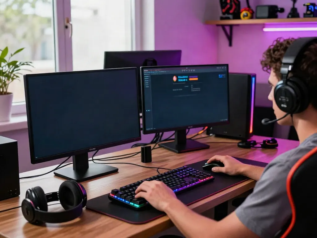 Explore new non gamstop casinos with an engaging at-home gaming setup featuring vibrant LED lighting and gaming accessories.