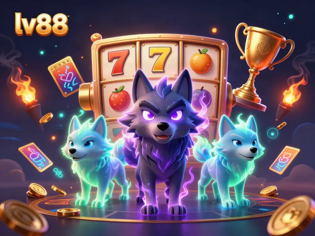 Engaging gaming scene showcasing the lv88 online casino with slot reels and ghostly wolves.