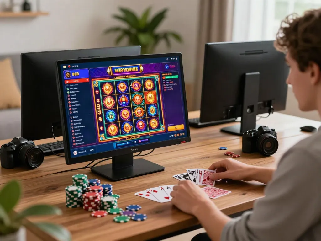 Engaging scene of a player enjoying new non Gamstop casinos on a laptop in a cozy living room.