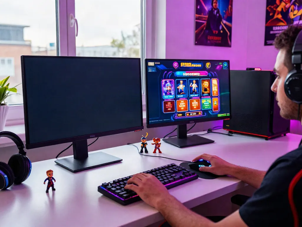 Gamer enjoying new non GamStop casinos at a stylish home setup with vibrant screens and gaming accessories.