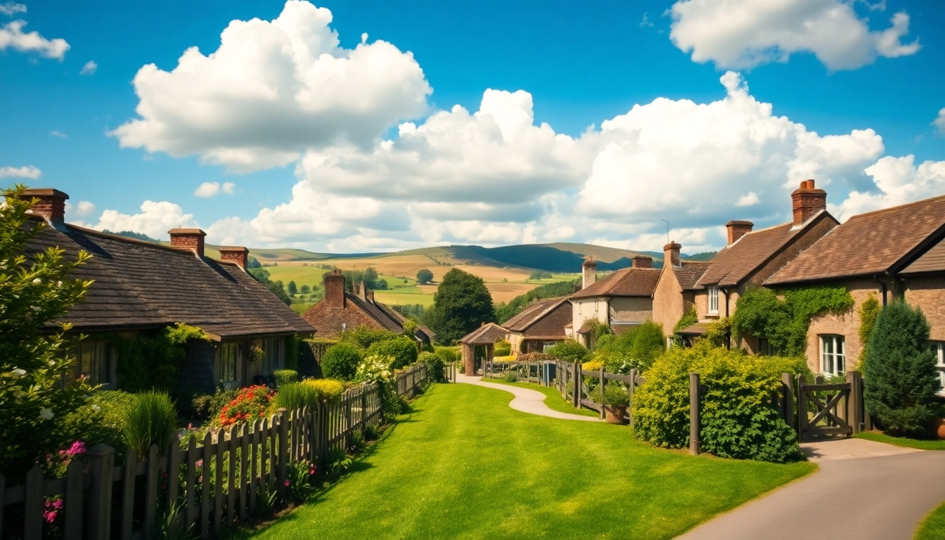 Pyrford village cottages surrounded by greenery and hills under a bright blue sky.