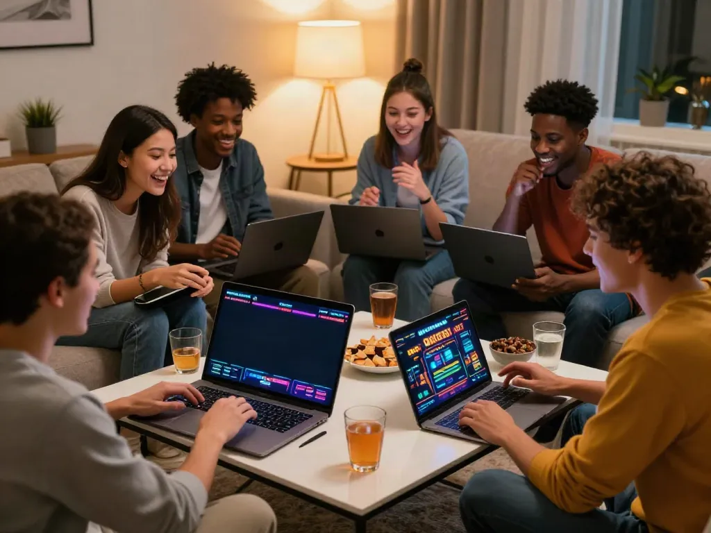 Friends enjoying new non Gamstop casinos together in a cozy living room.