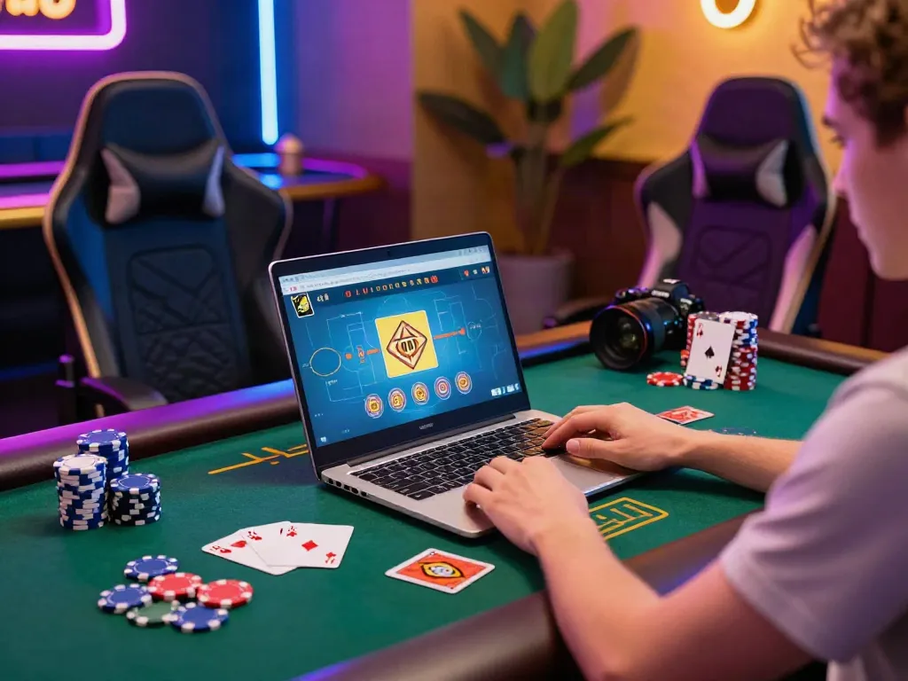 Exciting scene of a player enjoying new non gamstop casinos at a laptop with vibrant gaming elements.