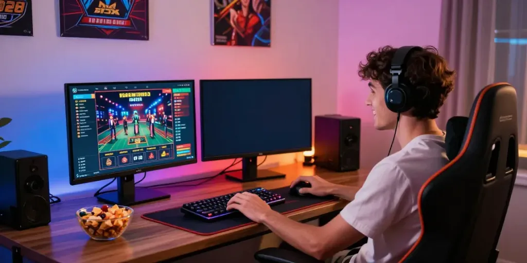 Engaging scene of a player enjoying new non gamstop casinos at home with vibrant gaming setup.