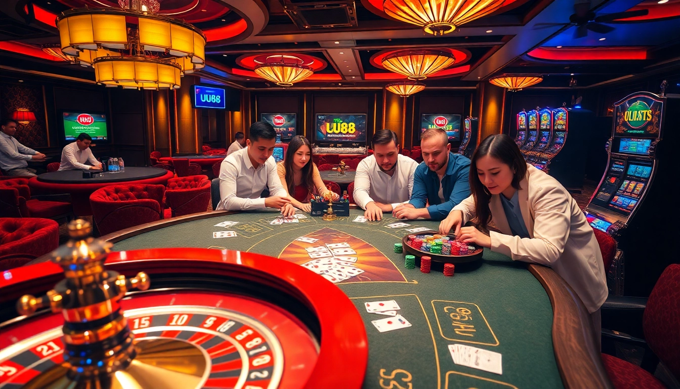Experience the excitement of gambling at UU88 with vibrant casino tables, poker chips, and lively players.