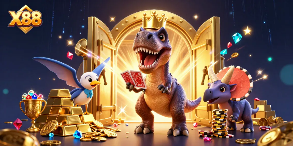 X88 offers a lively casino atmosphere featuring a T-Rex and friends playing cards and stacking chips.