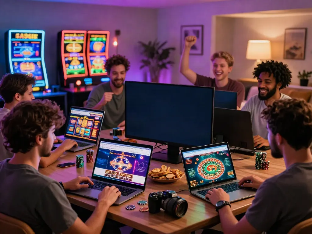 Engaged players exploring new non Gamstop casinos online in a lively home atmosphere.