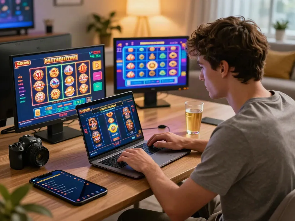 Engaging gaming scene featuring new non gamstop casinos with colorful digital slots and a relaxed atmosphere.
