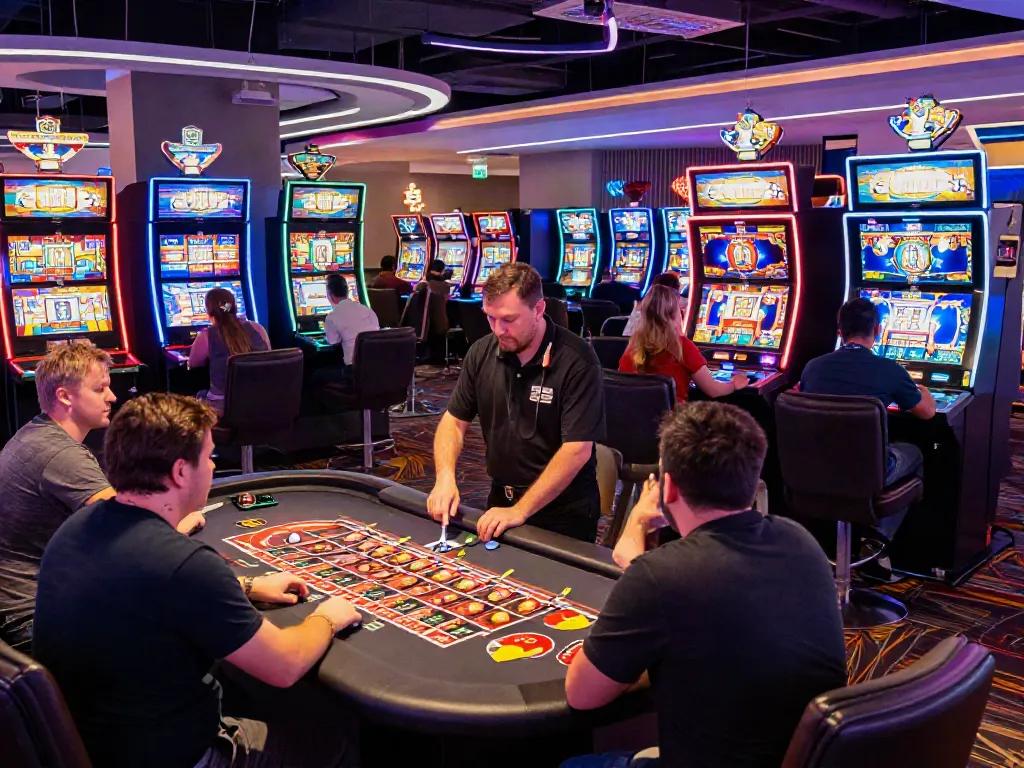 Exciting new non gamstop casinos featuring players enjoying high-tech gaming machines and vibrant casino ambiance.