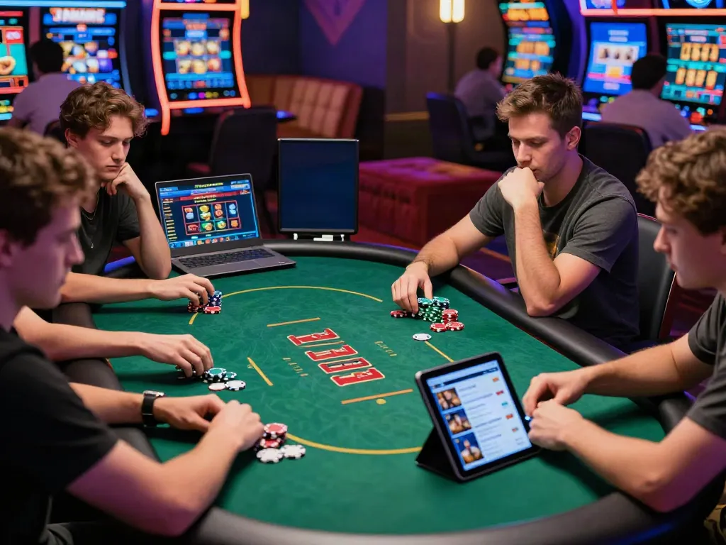Diverse group of players enjoying new non Gamstop casinos at a vibrant poker table in an exciting urban casino setting.