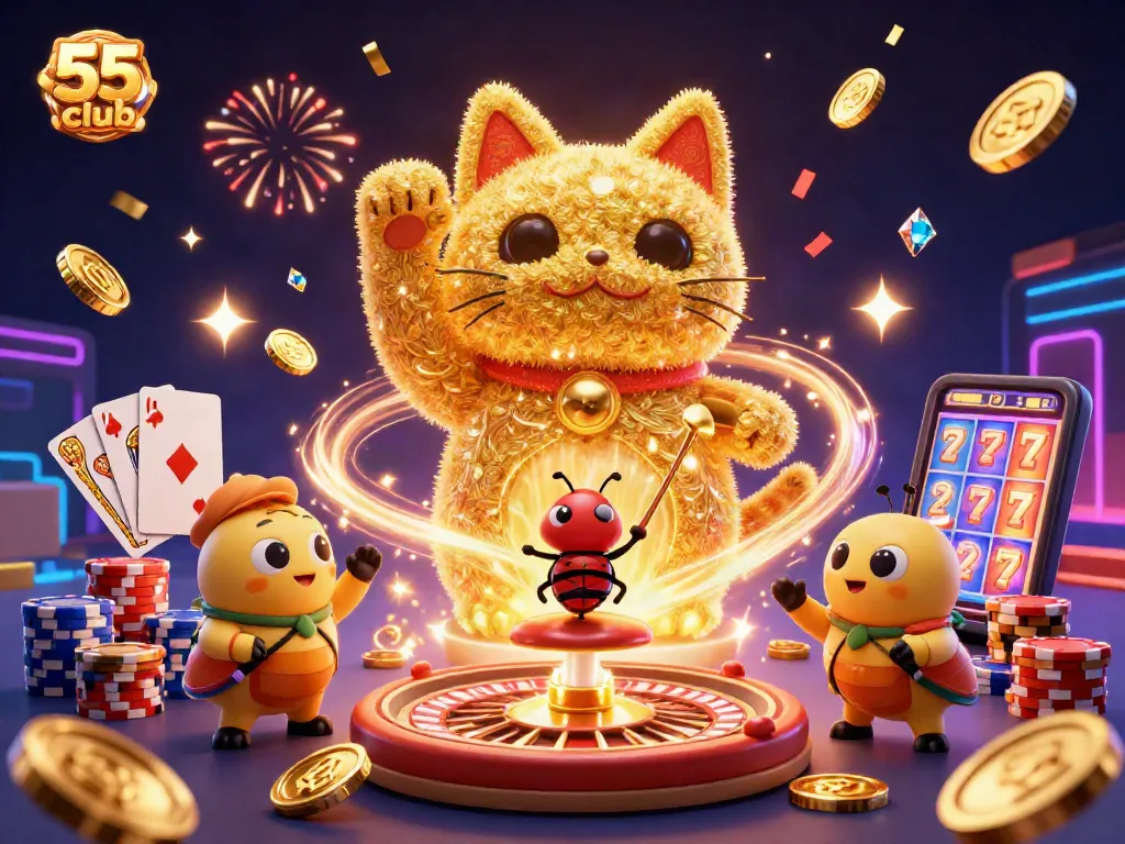 Experience thrilling gaming with 55 club's vibrant lucky cat illustration featuring casino symbols.