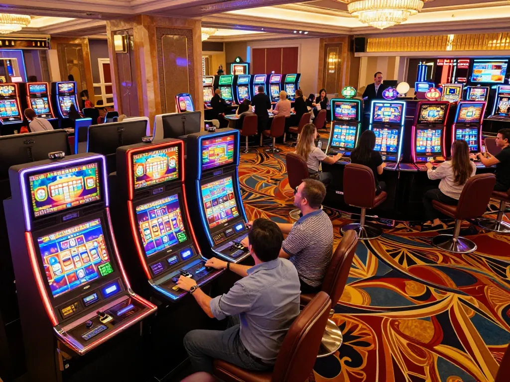 Players enjoying vibrant slot machines at mm88 casino, capturing excitement of gaming