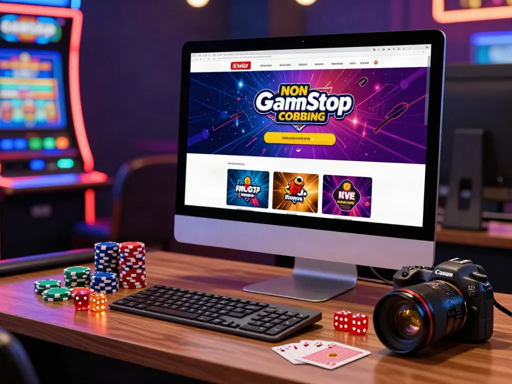 Engaging desktop setup showcasing new non GamStop casinos with gaming accessories and casino-themed decor.