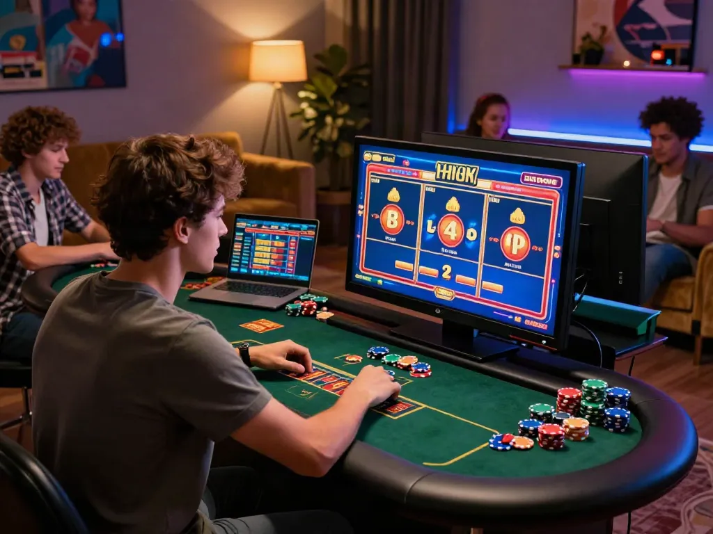 A vibrant scene showcasing young players enjoying new non GamStop casinos, engaged in online gaming with colorful graphics and poker chips.