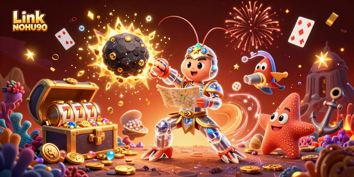 Experience excitement at Link NOHU90 with a vibrant 3D illustration depicting dynamic casino elements.