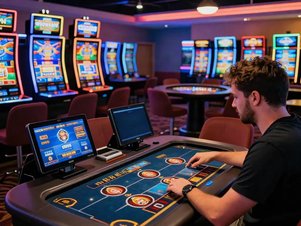 Player enjoying games at new non Gamstop casinos with vibrant atmosphere and modern gaming setup.