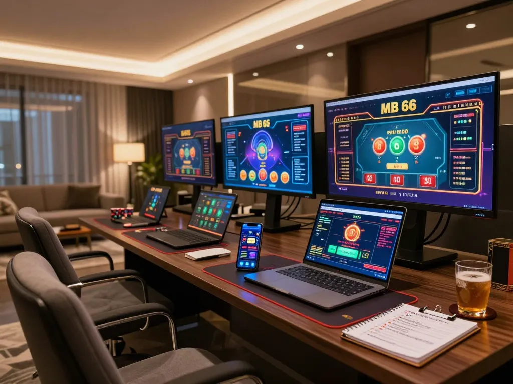 Engaged player exploring online casino options with MB 66, showcasing advanced gaming setup.