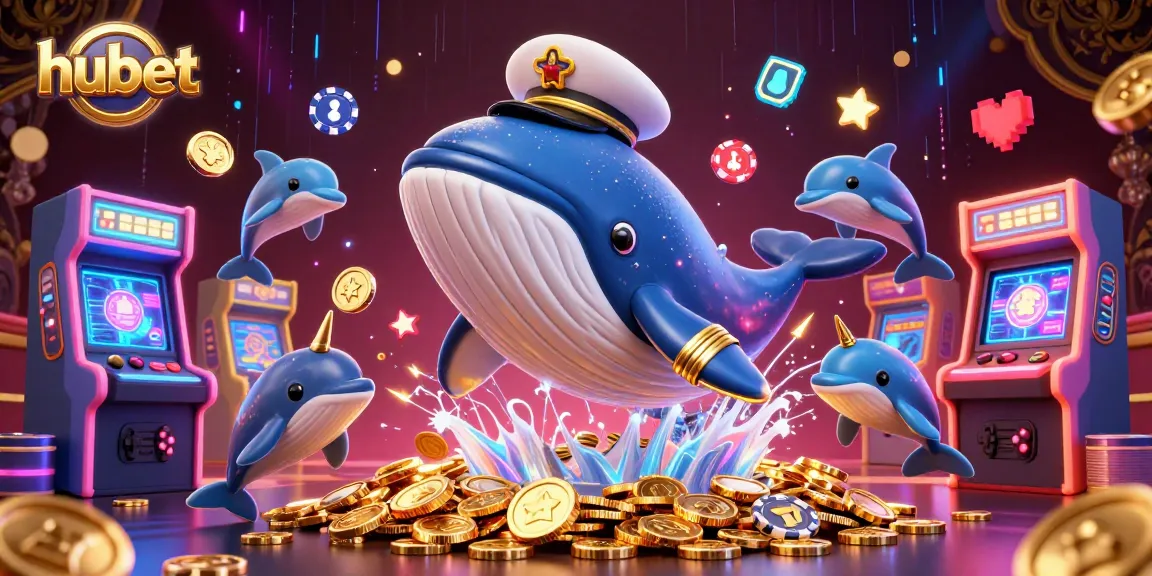 hubet casino illustration featuring a playful whale, narwhal, and dolphins among coins.