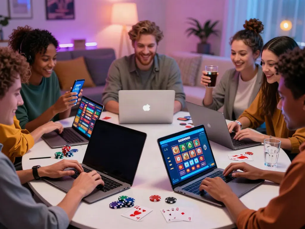 Exciting moment of friends enjoying new non GamStop casinos in a lively gaming environment.
