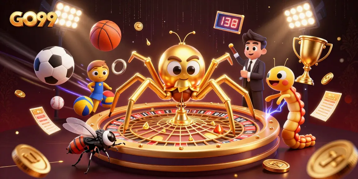Experience intense fun at GO99 with a dynamic illustration of a gold spider and sports elements.