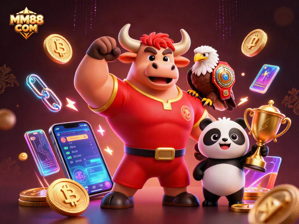 Win big with MM88 COM's vibrant casino scene featuring energetic mascots and crypto elements.