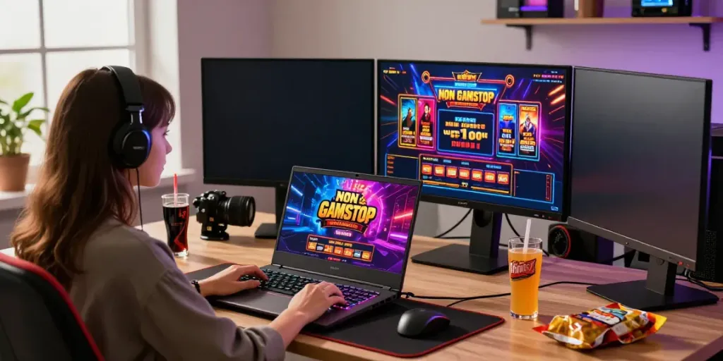 Experience the excitement of new non gamstop casinos through a dedicated gamer in a vibrant setup.