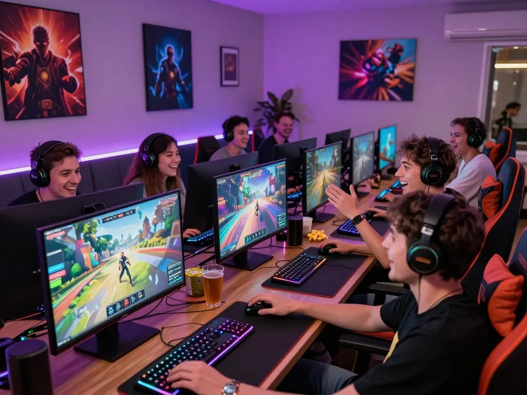 Group of friends enjoying porn games online in a vibrant gaming lounge.