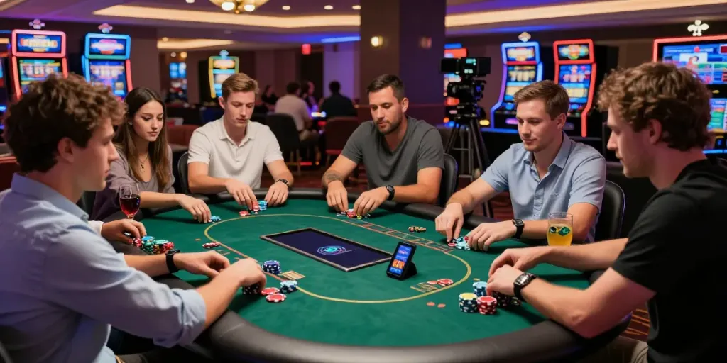 Excited players enjoying new non GamStop casinos at a modern gaming table.
