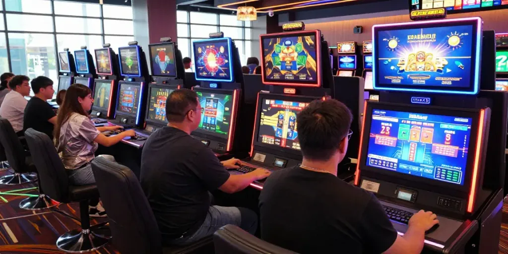 Dynamic players enjoying new non GamStop casinos with vibrant ambiance and colorful gaming devices.