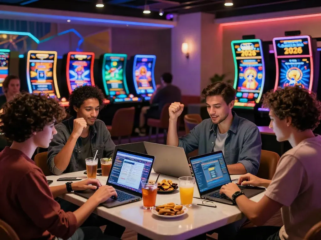 Celebration among friends at a vibrant lounge highlighting new non Gamstop casinos, showcasing excitement and wins.