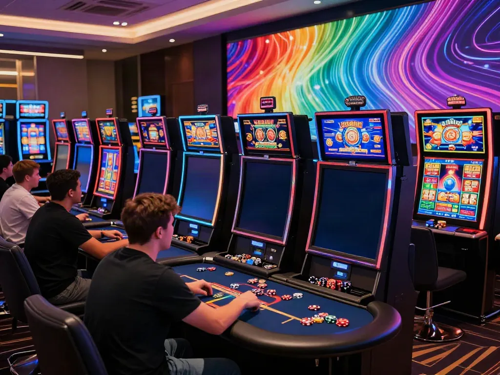 Engaging atmosphere at new non gamstop casinos with players enjoying vibrant gaming screens and lively decor.