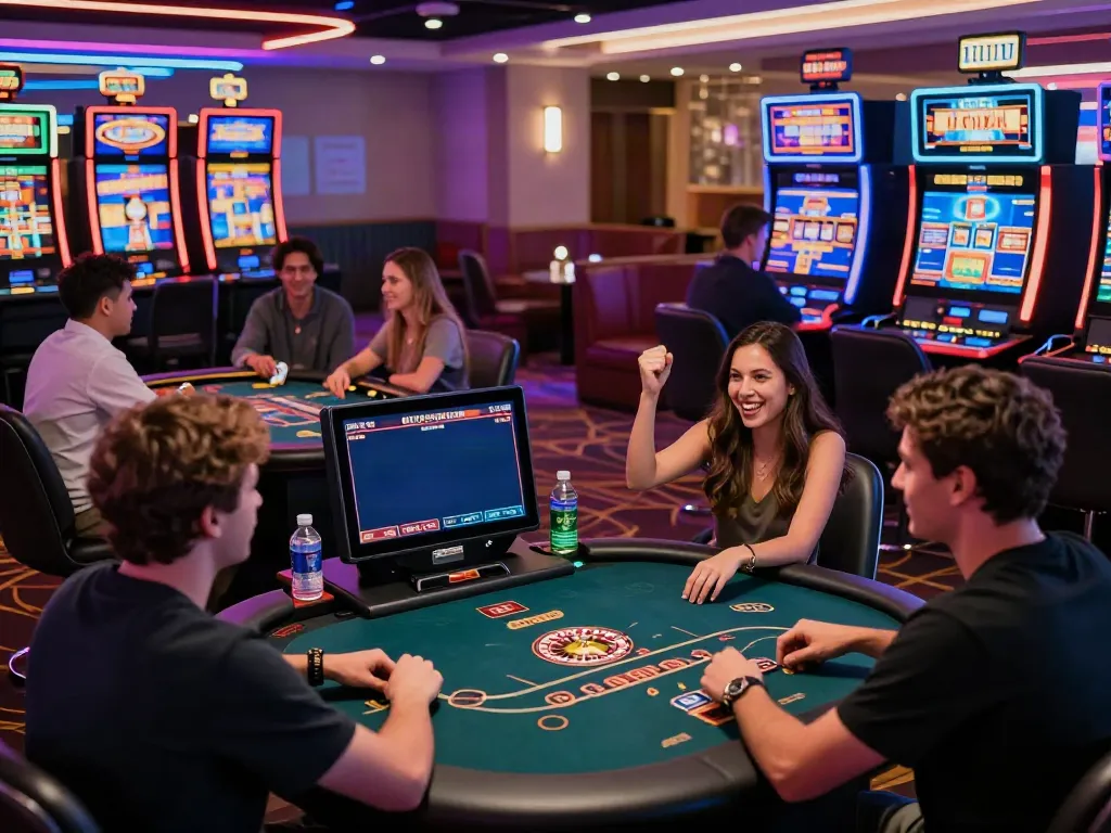 Exciting gaming atmosphere at new non gamstop casinos with players at tables and vibrant lighting.