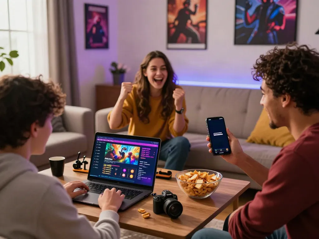 Friends enjoying new non GamStop casinos in a cozy living room with gaming devices.