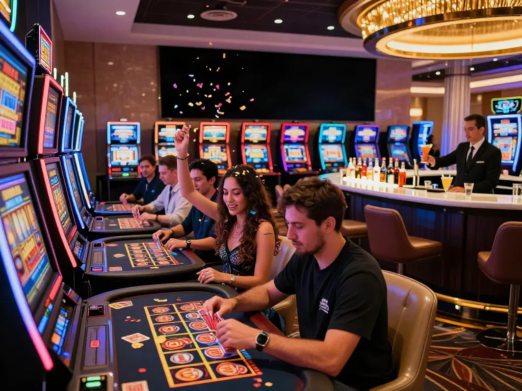Exciting gaming atmosphere at new non gamstop casinos with diverse players celebrating wins.
