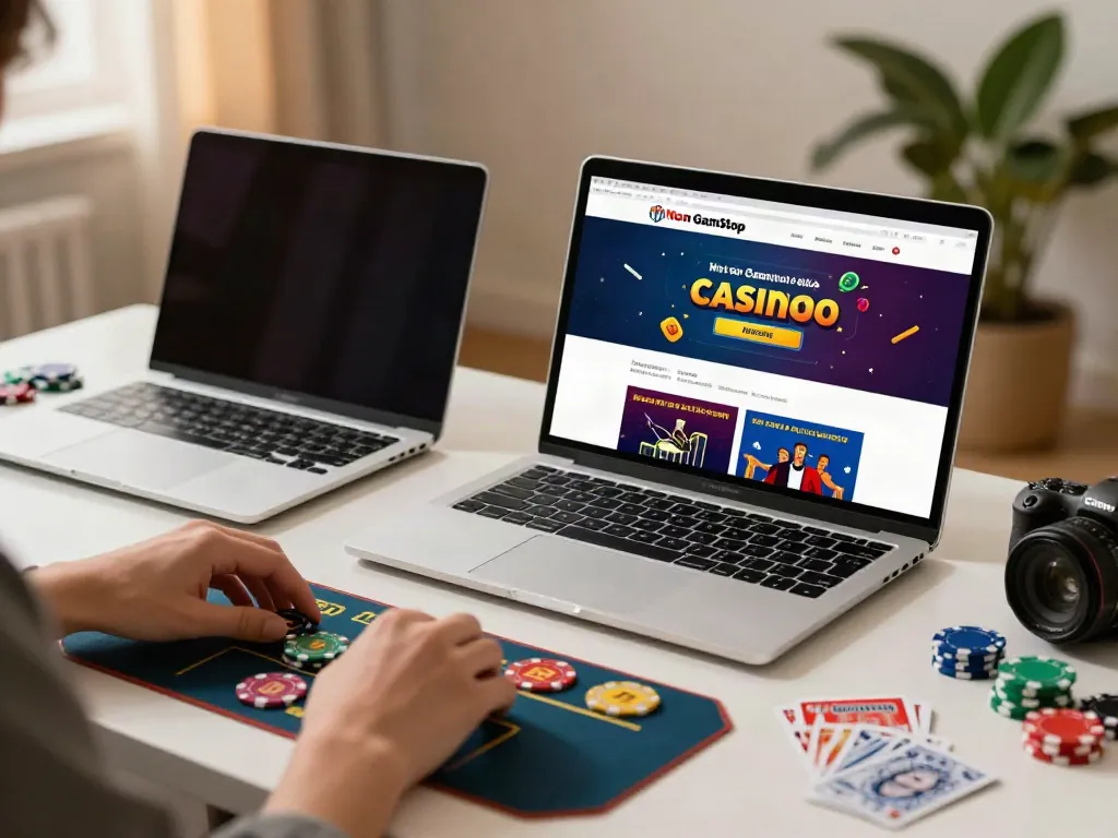 Engaging scene of a user at new non GamStop casinos enjoying live dealer games on a laptop, with casino elements in a cozy home setting.